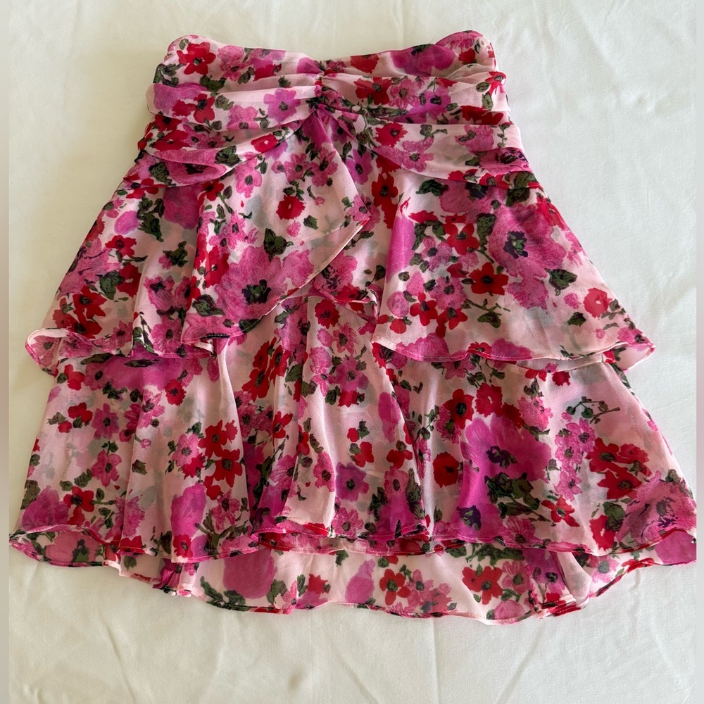 MISA Los Angeles Floral Ruffle Mini Skirt Draped Waist Pink NEW Made in USA - Picture 3 of 11